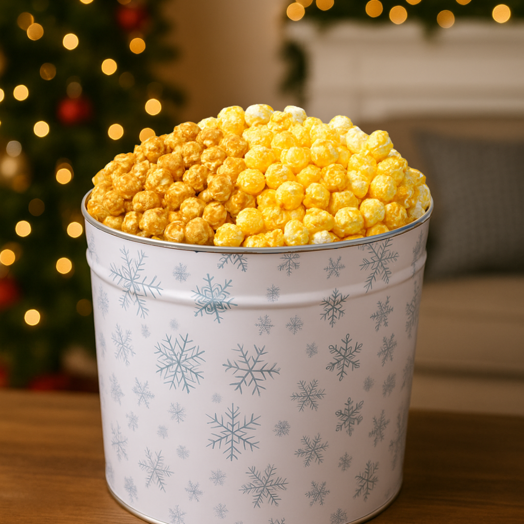 2 Gallon Holiday Popcorn Tin, Snowflake Design, 3 Flavors