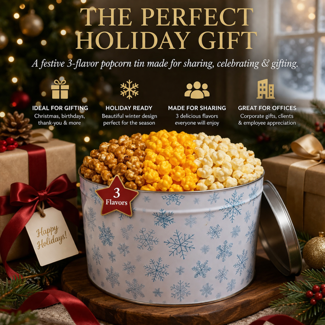 2 Gallon Holiday Popcorn Tin, Snowflake Design, 3 Flavors - www.unclemyronspopcorn.com