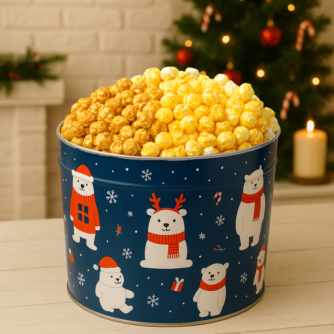 2 Gallon Holiday Popcorn Tin, 3 Flavors