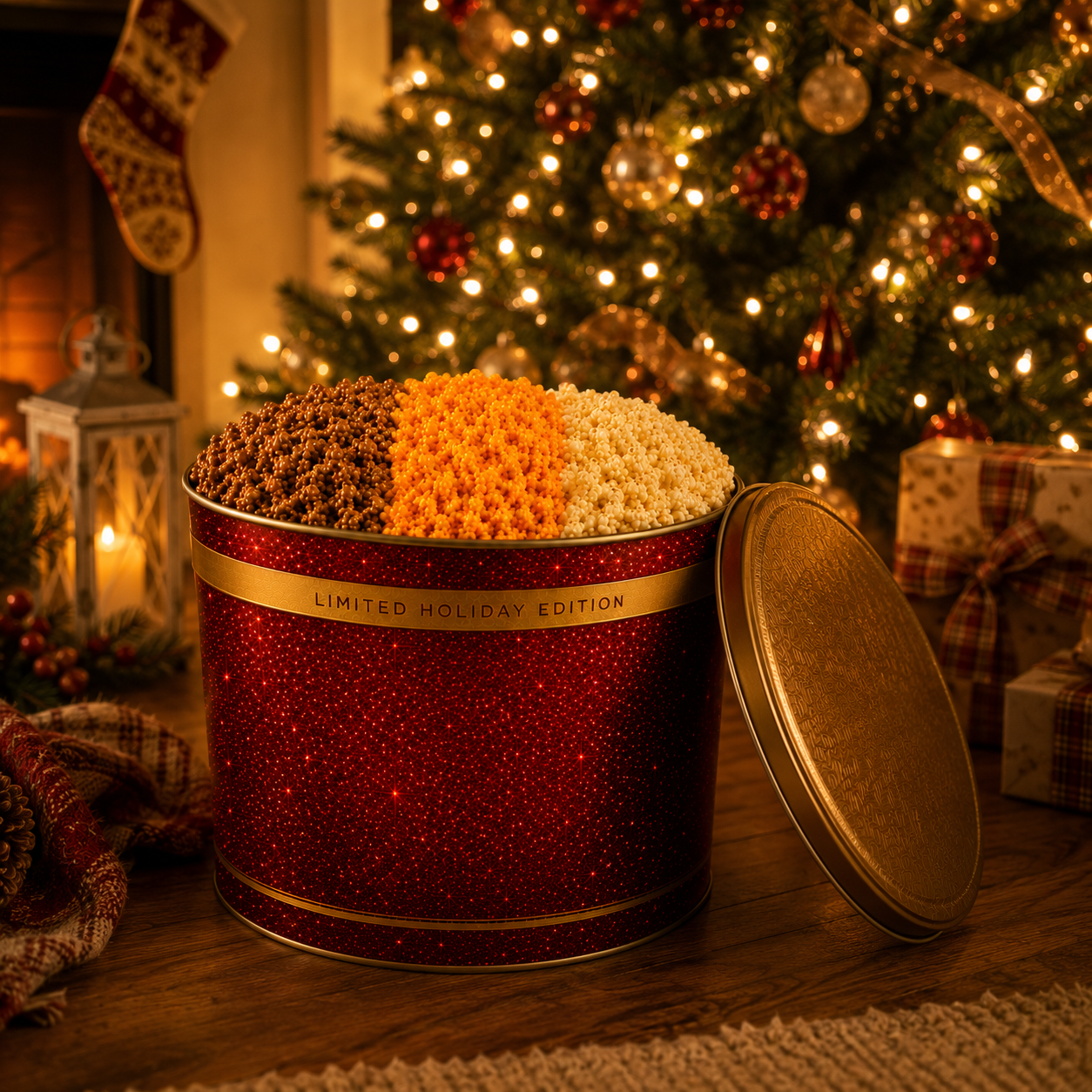 2 Gallon Holiday Popcorn Tin, 3 Flavors, Premium Red