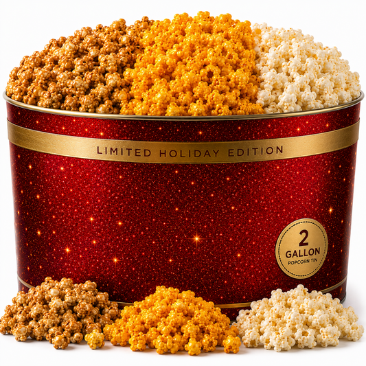 2 Gallon Holiday Popcorn Tin, 3 Flavors – Premium Red