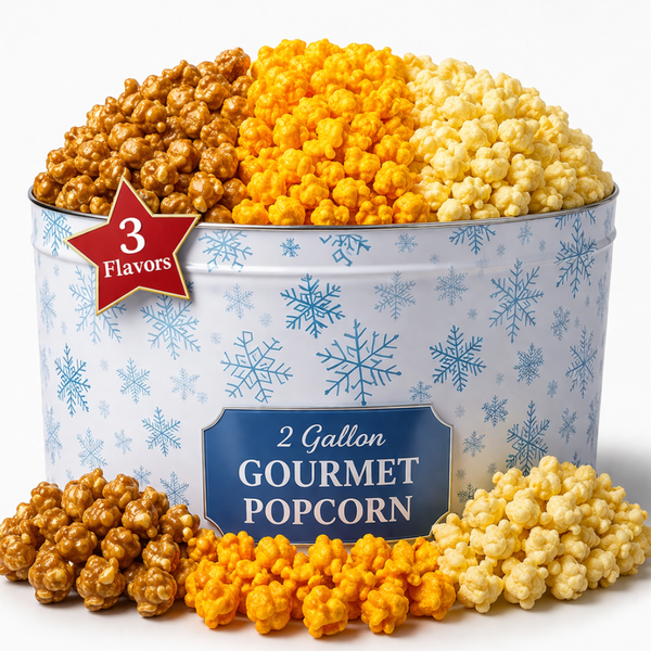 Six gallons of gourmet popcorn in three reusable holiday keepsake tins