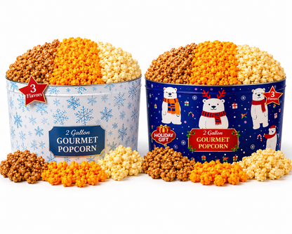Two 2-gallon Christmas popcorn tins filled with caramel cheddar and butter popcorn
