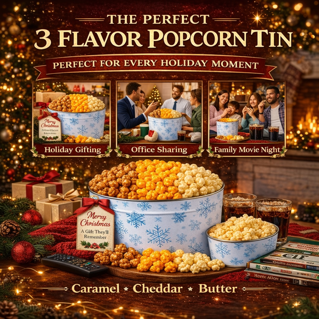 2 Gallon Holiday Popcorn Tin, Snowflake Design, 3 Flavors - www.unclemyronspopcorn.com