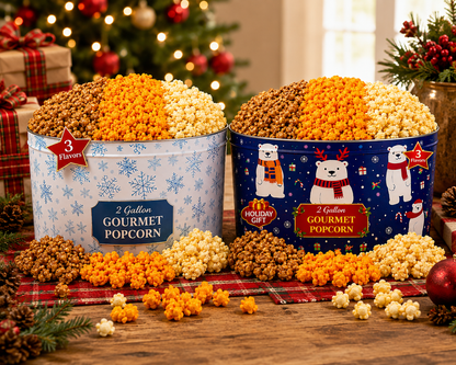 Four gallons of holiday popcorn in two reusable Christmas keepsake tins
