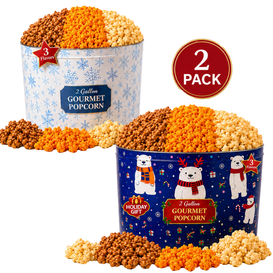 2 Gallon Holiday Popcorn Tins (2 Pack), 3 Flavors