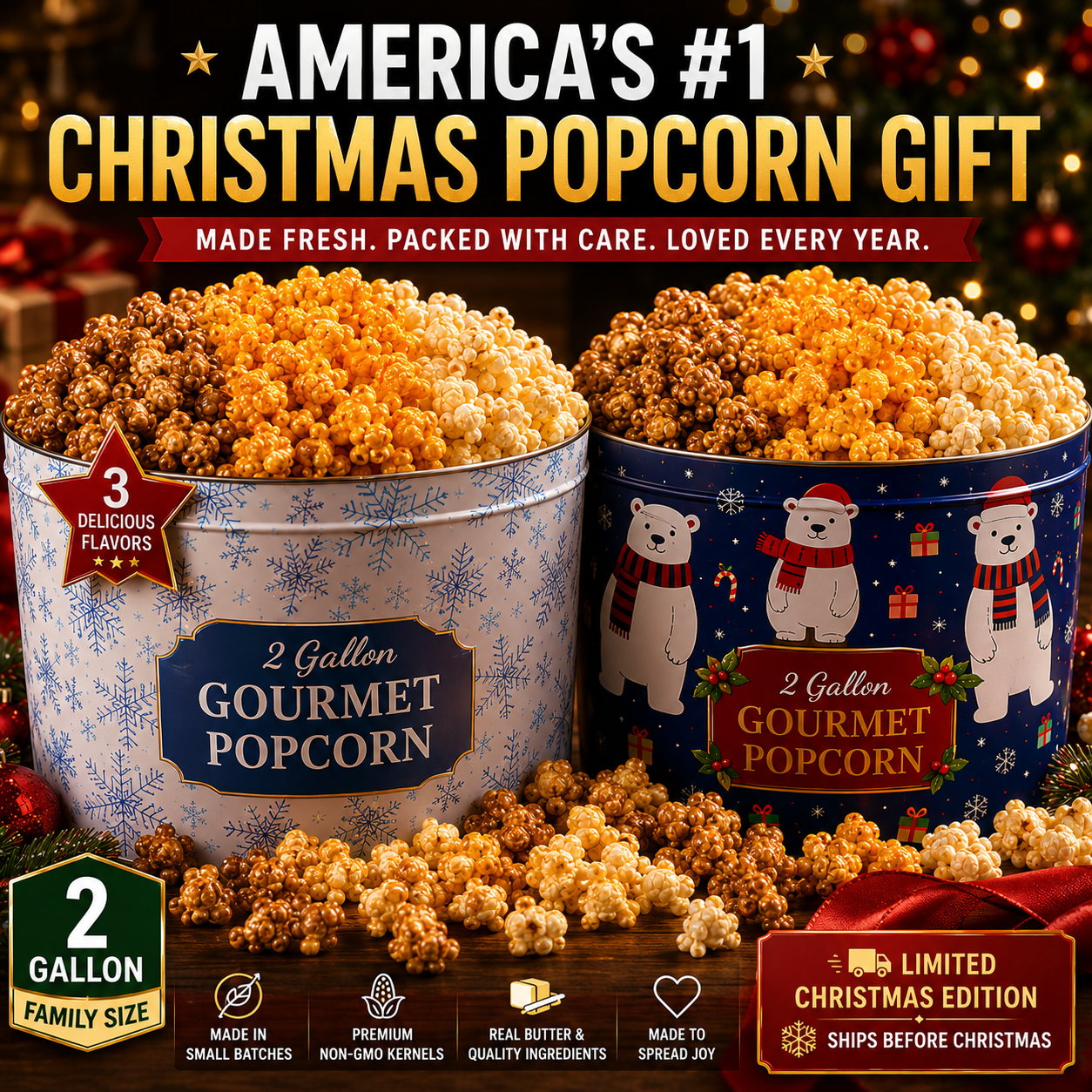 Polar Bear and Snowflake gourmet popcorn gift set with three flavors