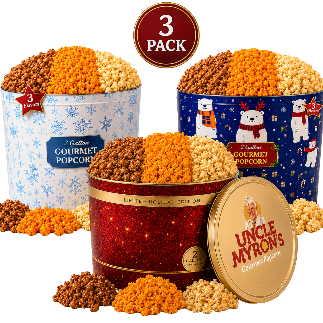 2 Gallon Holiday Popcorn Tins (3 Pack), 3 Flavors