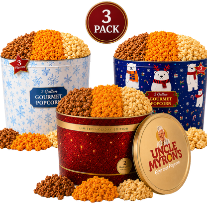 2 Gallon Holiday Popcorn Tins (3 Pack), 3 Flavors