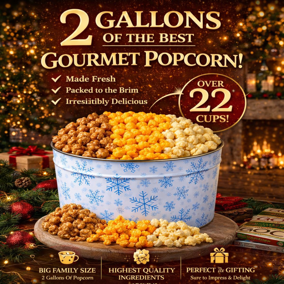 2 Gallon Holiday Popcorn Tin, Snowflake Design, 3 Flavors - www.unclemyronspopcorn.com