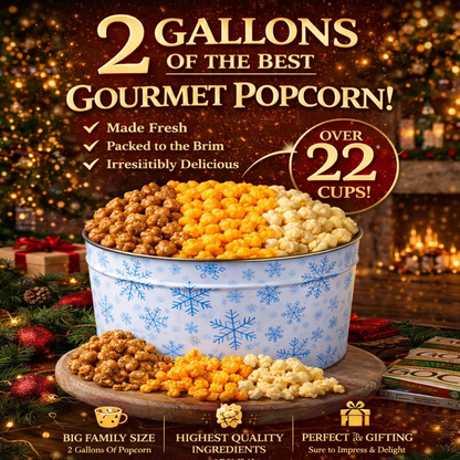 2 Gallon Holiday Popcorn Tin, Snowflake Design, 3 Flavors - www.unclemyronspopcorn.com