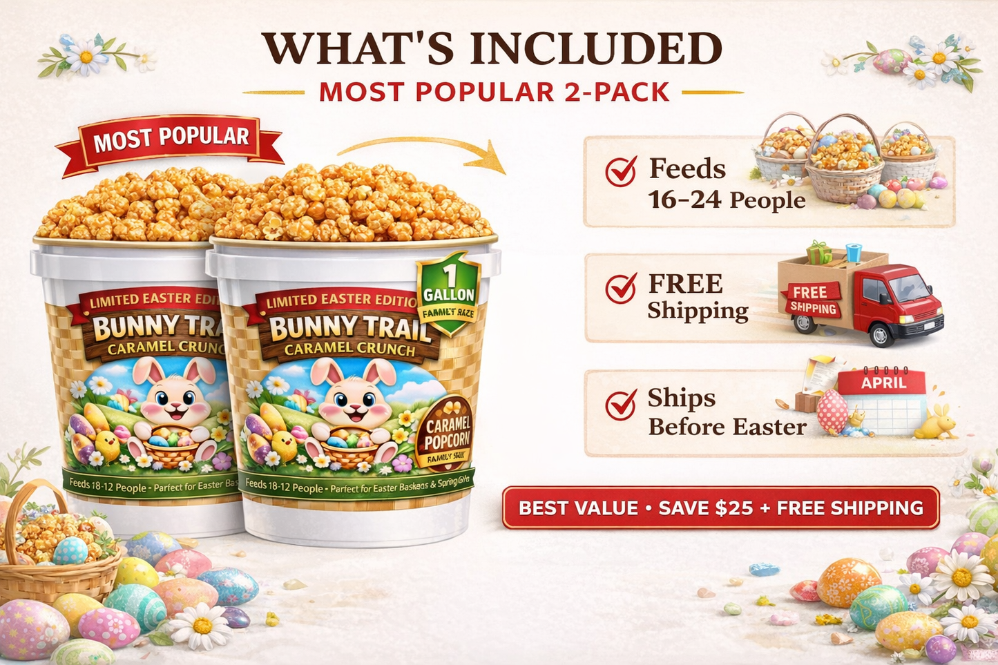 Bunny Trail Caramel Crunch 1 Gallon Easter Popcorn Tubs - www.unclemyronspopcorn.com