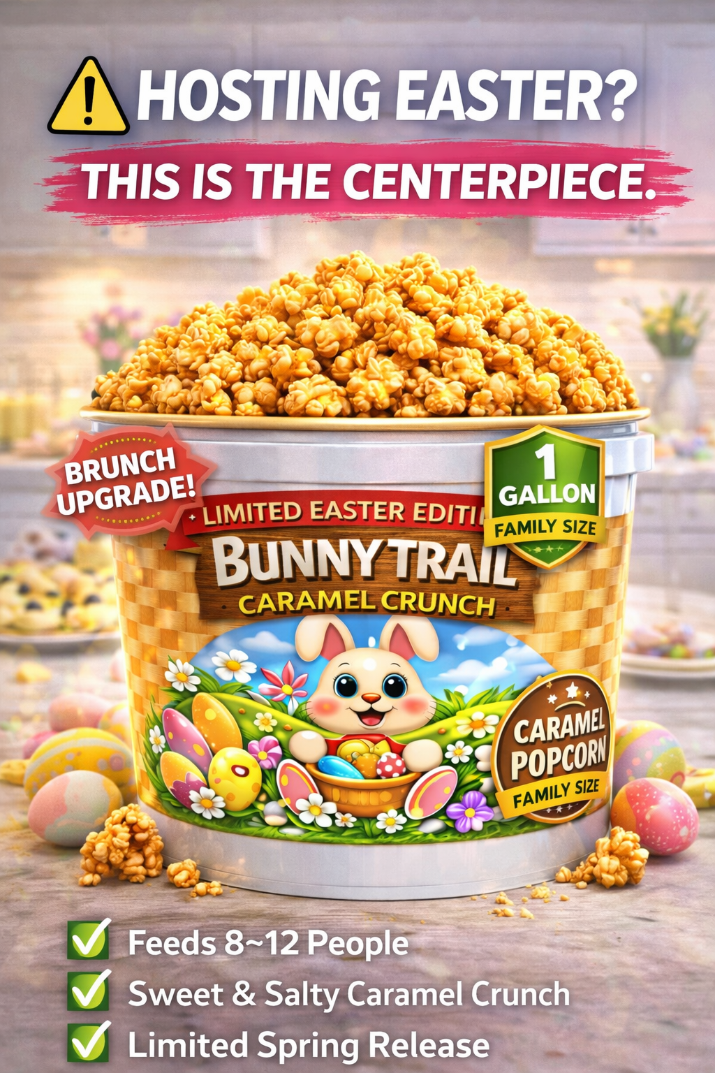 Bunny Trail Caramel Crunch 1 Gallon Easter Popcorn Tubs - www.unclemyronspopcorn.com