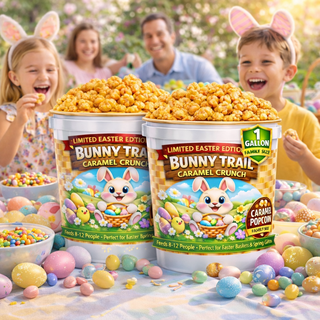 Bunny Trail Caramel Crunch 1 Gallon Easter Popcorn Tubs - www.unclemyronspopcorn.com