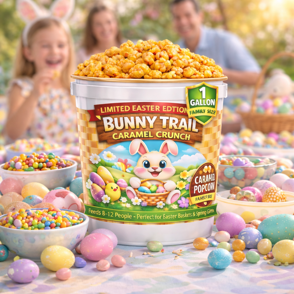 Bunny Trail Caramel Crunch 1 Gallon Easter Popcorn Tubs - www.unclemyronspopcorn.com