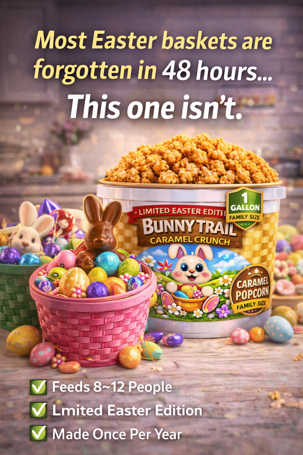Bunny Trail Caramel Crunch 1 Gallon Easter Popcorn Tubs - www.unclemyronspopcorn.com