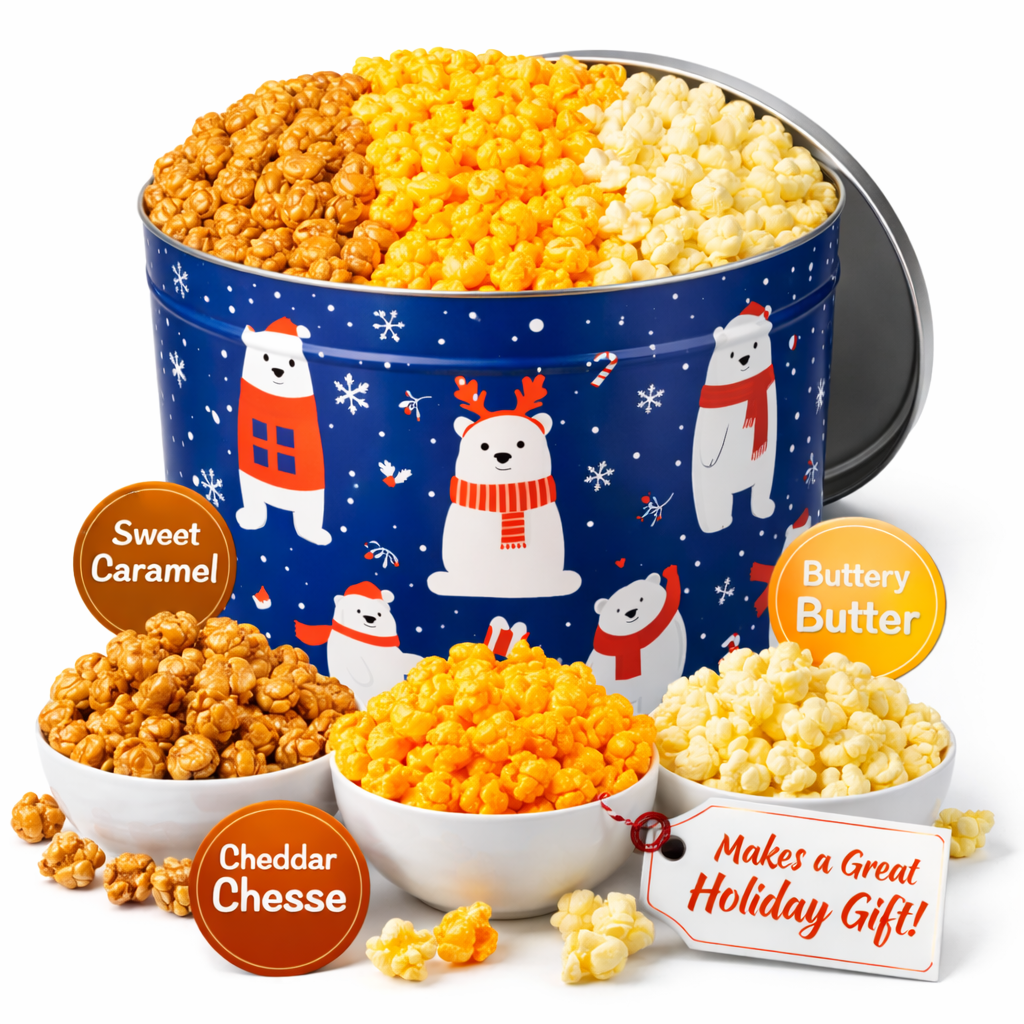 2 Gallon Holiday Popcorn Tin, 3 Flavors - www.unclemyronspopcorn.com