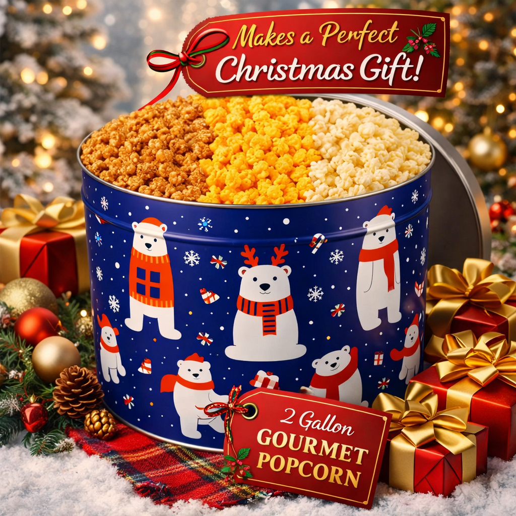 2 Gallon Holiday Popcorn Tin, 3 Flavors - www.unclemyronspopcorn.com