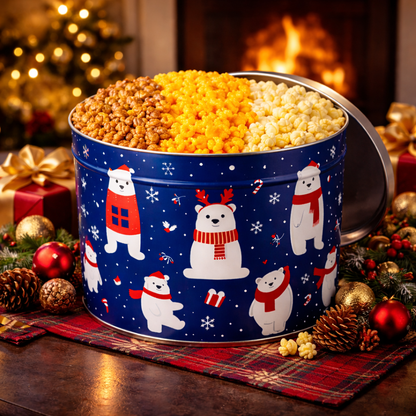 2 Gallon Holiday Popcorn Tin, 3 Flavors - www.unclemyronspopcorn.com