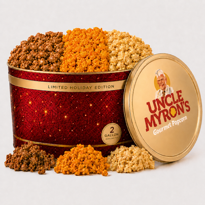 2 Gallon Holiday Popcorn Tin, 3 Flavors, Premium Red