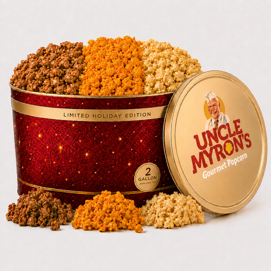 2 Gallon Holiday Popcorn Tin, 3 Flavors, Premium Red