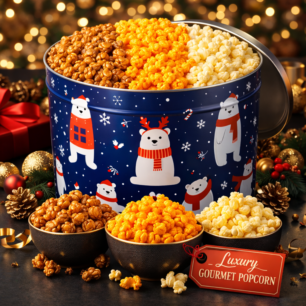 2 Gallon Holiday Popcorn Tin, 3 Flavors - www.unclemyronspopcorn.com