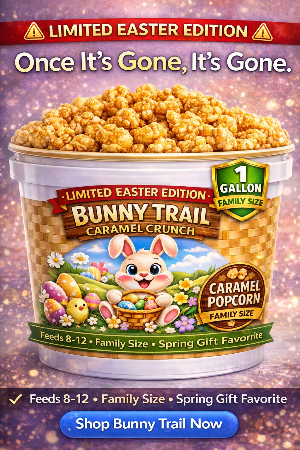 Bunny Trail Caramel Crunch 1 Gallon Easter Popcorn Tubs - www.unclemyronspopcorn.com