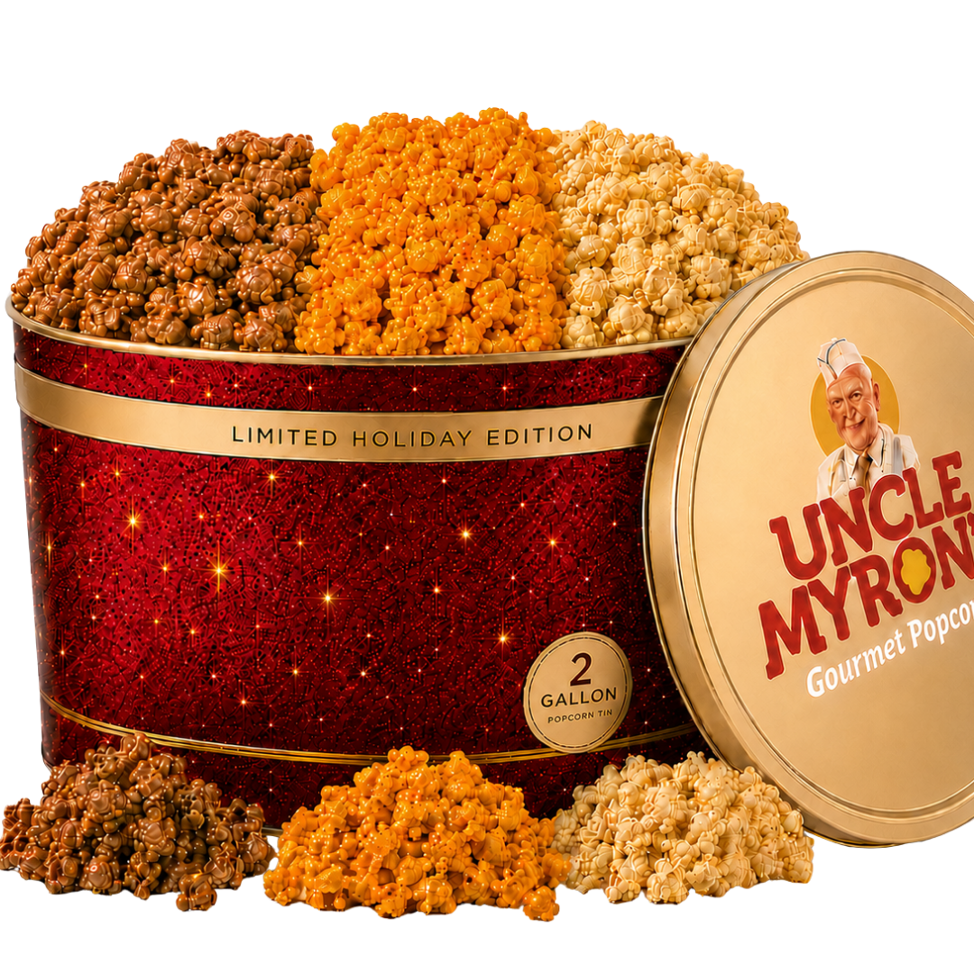 2 Gallon Holiday Popcorn Tin, 3 Flavors – Premium Red