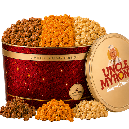 2 Gallon Holiday Popcorn Tin, 3 Flavors – Premium Red