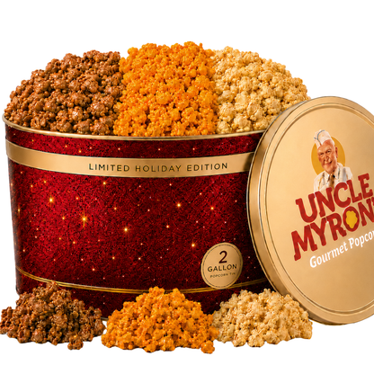 2 Gallon Holiday Popcorn Tin, 3 Flavors – Premium Red