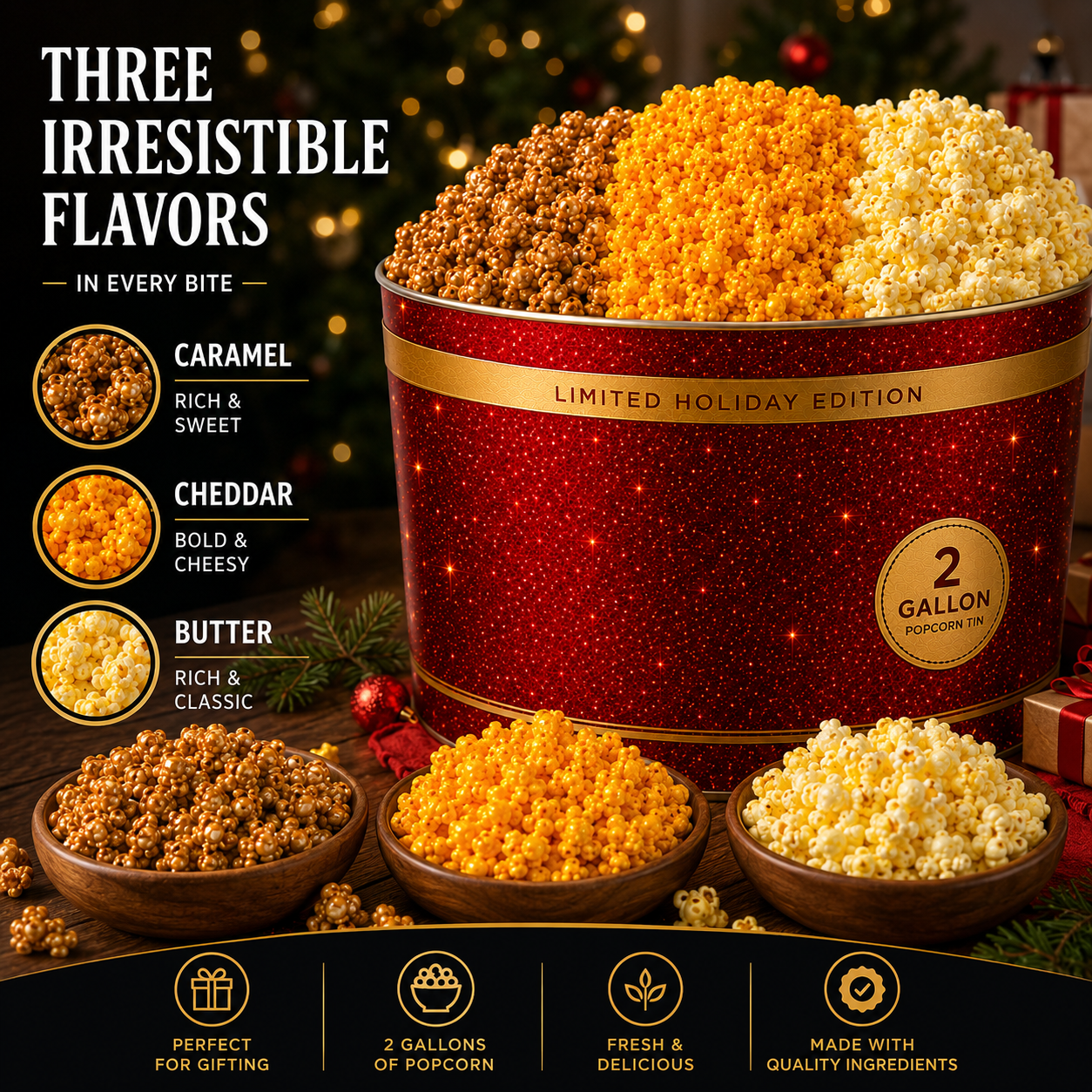 2 Gallon Holiday Popcorn Tin, 3 Flavors, Premium Red
