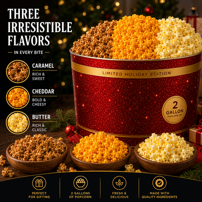 2 Gallon Holiday Popcorn Tin, 3 Flavors, Premium Red