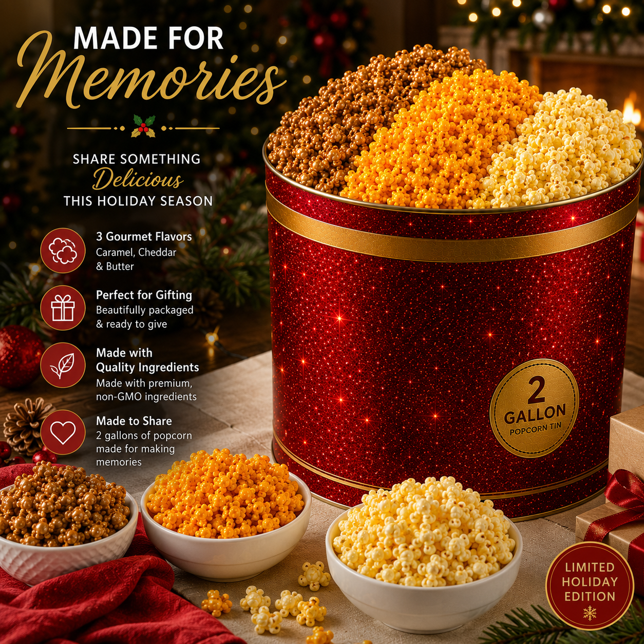 2 Gallon Holiday Popcorn Tin, 3 Flavors, Premium Red