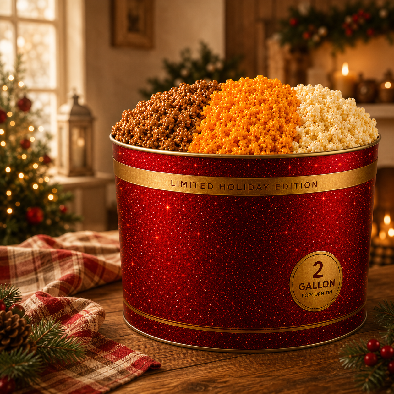 2 Gallon Holiday Popcorn Tin, 3 Flavors, Premium Red