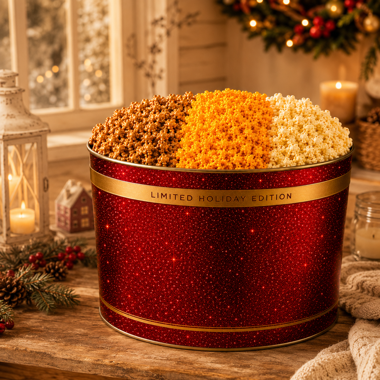 2 Gallon Holiday Popcorn Tin, 3 Flavors, Premium Red
