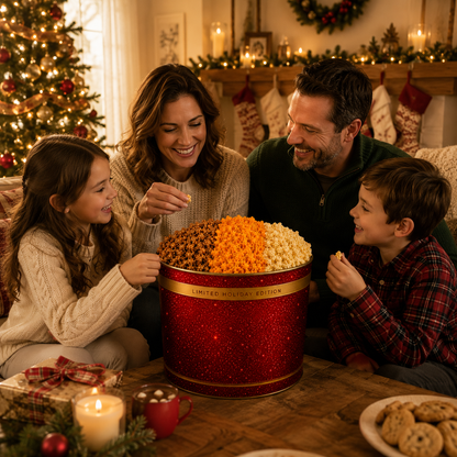 2 Gallon Holiday Popcorn Tin, 3 Flavors, Premium Red