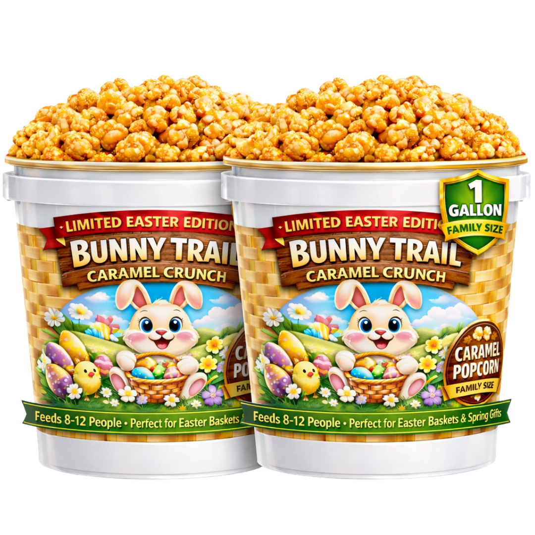 Bunny Trail Caramel Crunch 1 Gallon Easter Popcorn Tubs - www.unclemyronspopcorn.com