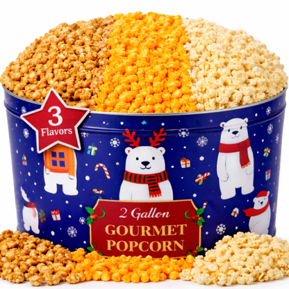 2 Gallon Holiday Popcorn Tins (3 Pack), 3 Flavors