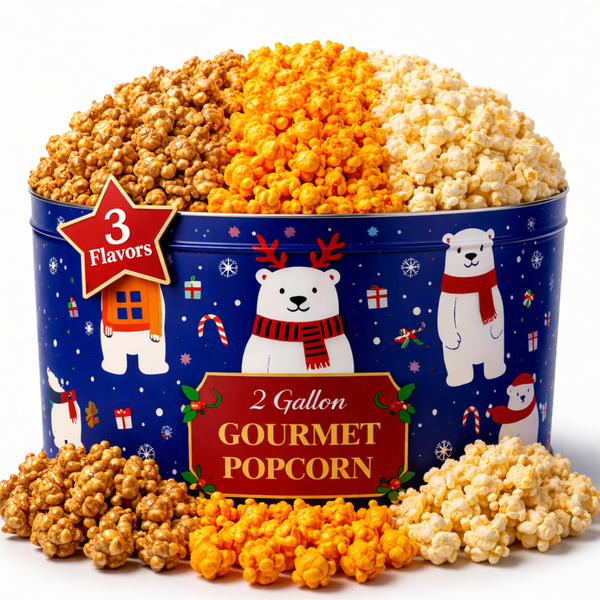 2 Gallon Holiday Popcorn Tin, 3 Flavors - www.unclemyronspopcorn.com